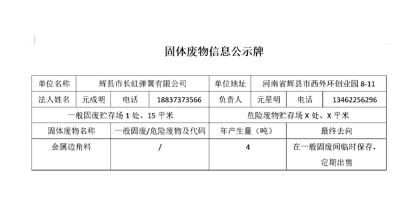 輝縣市長(zhǎng)虹彈簧有限公司關(guān)于固體廢物信息公示牌